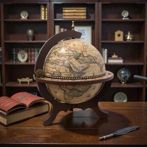 Vintage Style Wooden Tabletop Globe/Map bar with a lift-top design